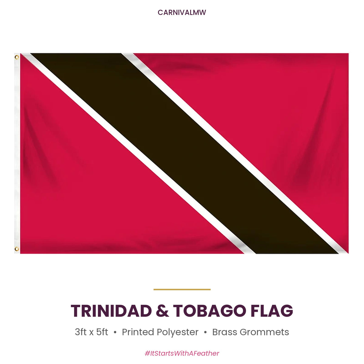 Trinidad and Tobago 3ft x 5ft Printed Polyester Flag-Trinidad and Tobago 3ft x 5ft printed polyester flag – red with black diagonal band edged in white, brass grommets | CarnivalMW