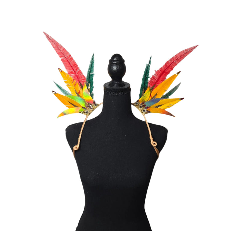 Tropical Radiance small feather collar wings, front view – vibrant tropical-coloured feathers | CarnivalMW