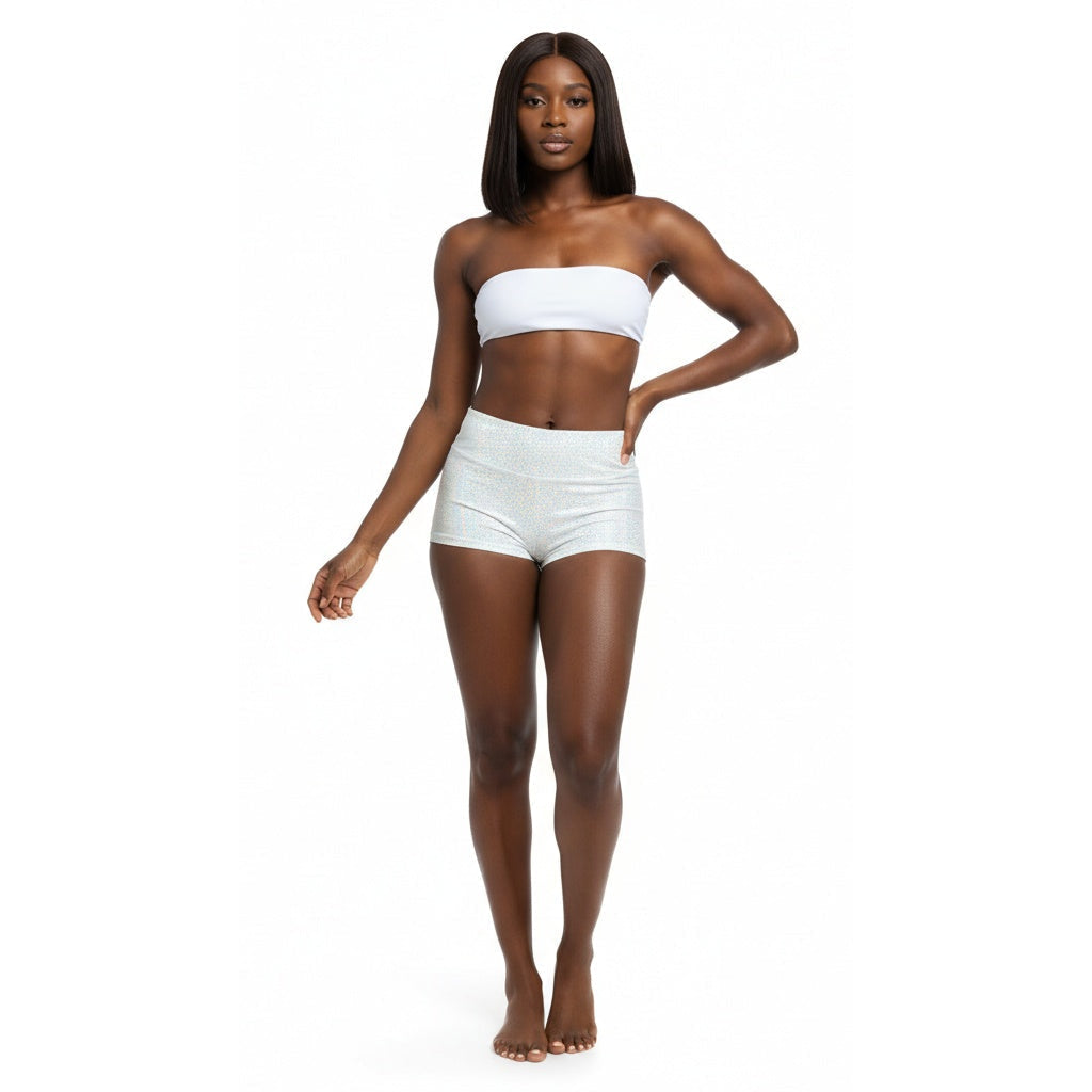 White Holographic Carnival Cheekies Hot Shorts — shimmering holographic booty shorts for carnival, jouvert, fetes, and festivals