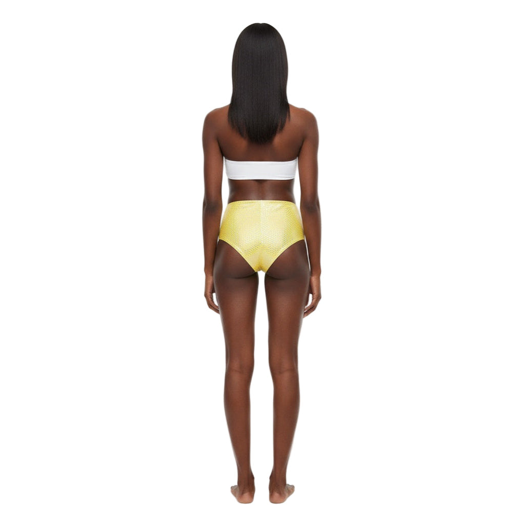 Yellow Holographic Carnival Cheekies Hot Shorts — shimmering holographic booty shorts for carnival, jouvert, fetes, and festivals