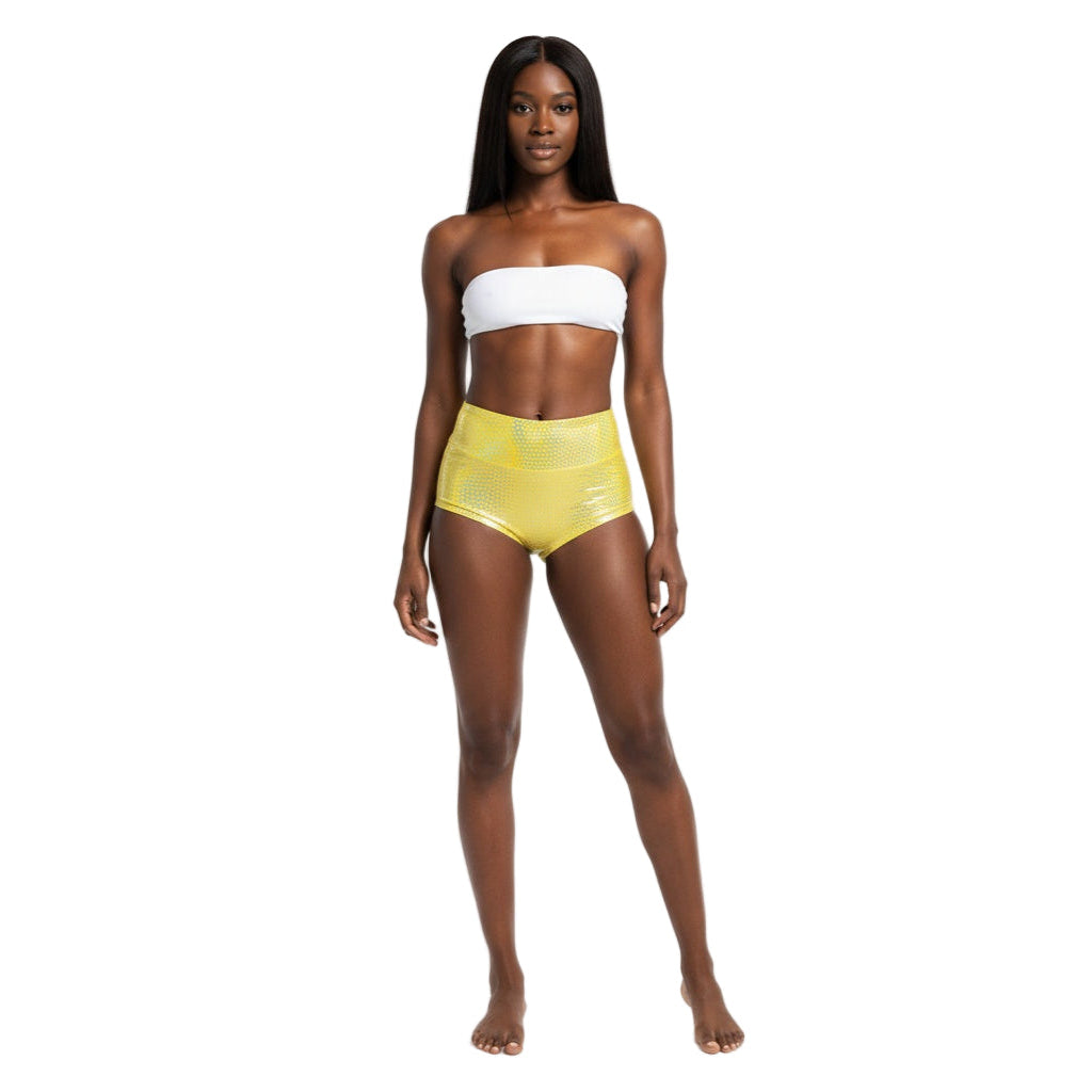 Yellow Holographic Carnival Cheekies Hot Shorts — shimmering holographic booty shorts for carnival, jouvert, fetes, and festivals