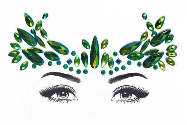 Eyes with Sagittarius Face Gem Stickers. Green, gold. Front view full. 