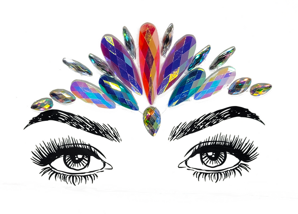 Multicolor Aditi Face Gem Stickers featuring reflective crystal, rhinestone, and gemstones. Adjustable fit for ages 12 and up, perfect for adding a vibrant touch to festival and carnival outfits. Safe, eco-friendly materials ensure a dazzling and unique look. #carnivalmw #festivalfashion