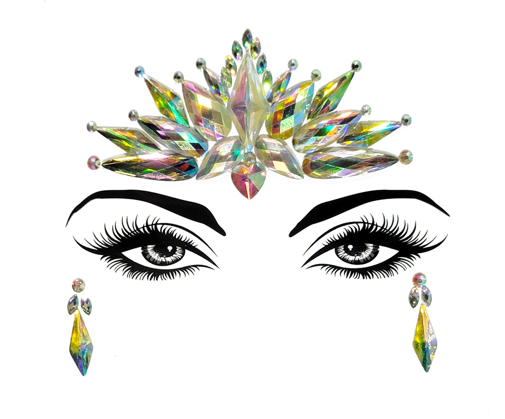 Vibrant multicolor Aquarius Face Gem Stickers featuring reflective resin rhinestone and acrylic diamond design. Adjustable fit for ages 12 and up, perfect for enhancing festival and carnival attire. Eco-friendly and non-toxic materials ensure safe and creative expression. #carnivalmw #festivalfashion