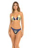 Barbados Flag Two-Piece Bikini Swimsuit featuring vibrant blue, yellow, and black colors. Made from Nylon and Spandex for comfort and flexibility. True to size fit with removable pads, ideal for ages 16 and up. Perfect for beach, pool, or festival events. Machine washable for easy care. #carnivalmw #carnival #mondaywear #swimsuit #barbados