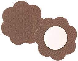 Disposable petals designed for full-coverage comfort, featuring a large flower-shaped pad with an adhesive back for a secure fit. These petals are perfect for pairing with lingerie or clothing, offering extra coverage and a seamless look. Made from thin polyester fabric, they curve easily to the breast, with a soft center to protect the nipple. Available in  Mocha, these petals add a moderate shine for a touch of elegance. Ideal for one-time use, each package includes three pairs.#bra #carnivalmw