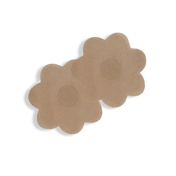 Disposable petals designed for full-coverage comfort, featuring a large flower-shaped pad with an adhesive back for a secure fit. These petals are perfect for pairing with lingerie or clothing, offering extra coverage and a seamless look. Made from thin polyester fabric, they curve easily to the breast, with a soft center to protect the nipple. Available in Nude, these petals add a moderate shine for a touch of elegance. Ideal for one-time use, each package includes three pairs.#bra #carnivalmw