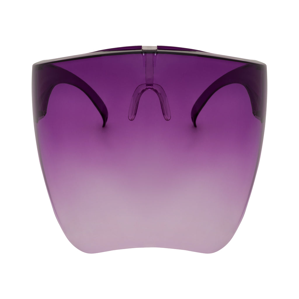 Full face shield protective from UV rays, fog resistant and adjustable. Purple ombre. Front view full.