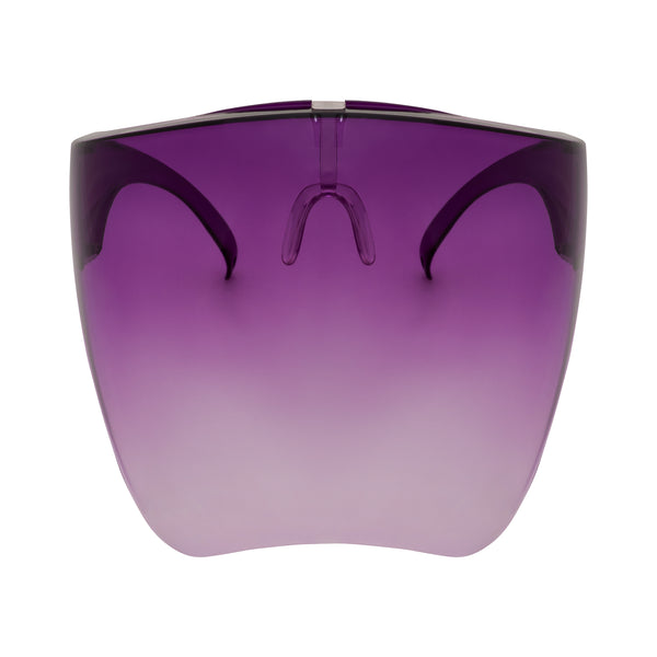 Full face shield protective from UV rays, fog resistant and adjustable. Purple ombre. Front view full.