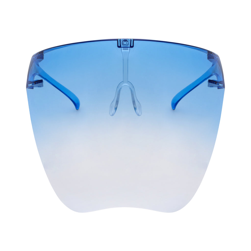 Full face shield protective from UV rays, fog resistant and adjustable. Blue ombre. Front view full.