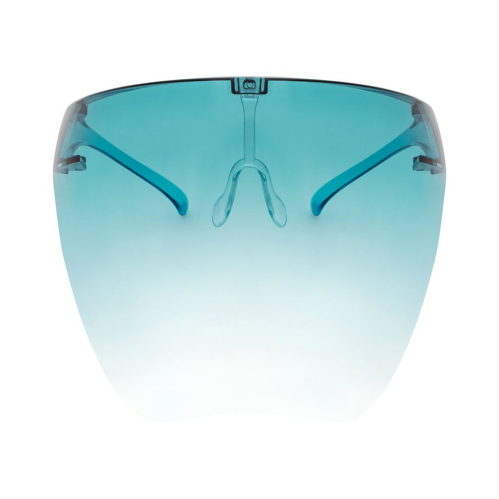 Full face shield protective from UV rays, fog resistant and adjustable. Teal ombre. Front view full.