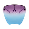 Full face shield protective from UV rays, fog resistant and adjustable. Purple and blue ombre. Front view full.