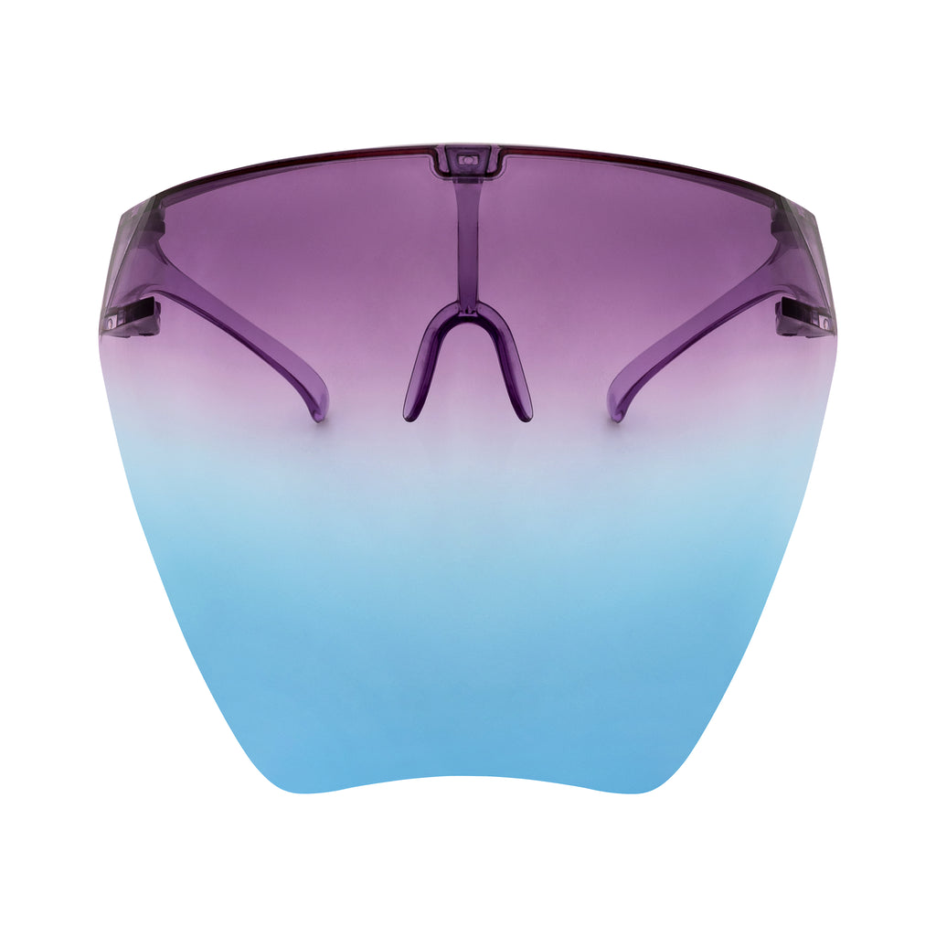 Full face shield protective from UV rays, fog resistant and adjustable. Purple and blue ombre. Front view full.