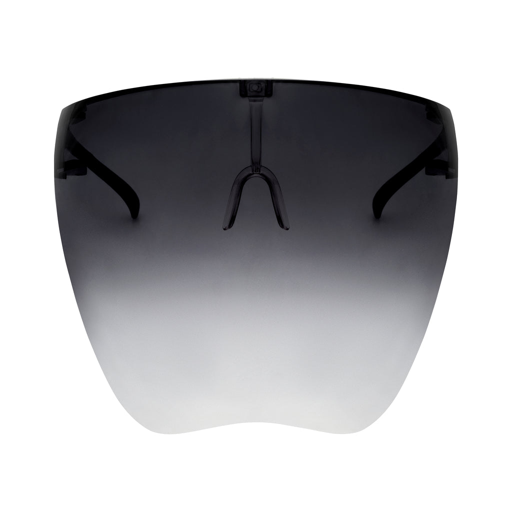 Full face shield protective from UV rays, fog resistant and adjustable. Black ombre. Front view full.