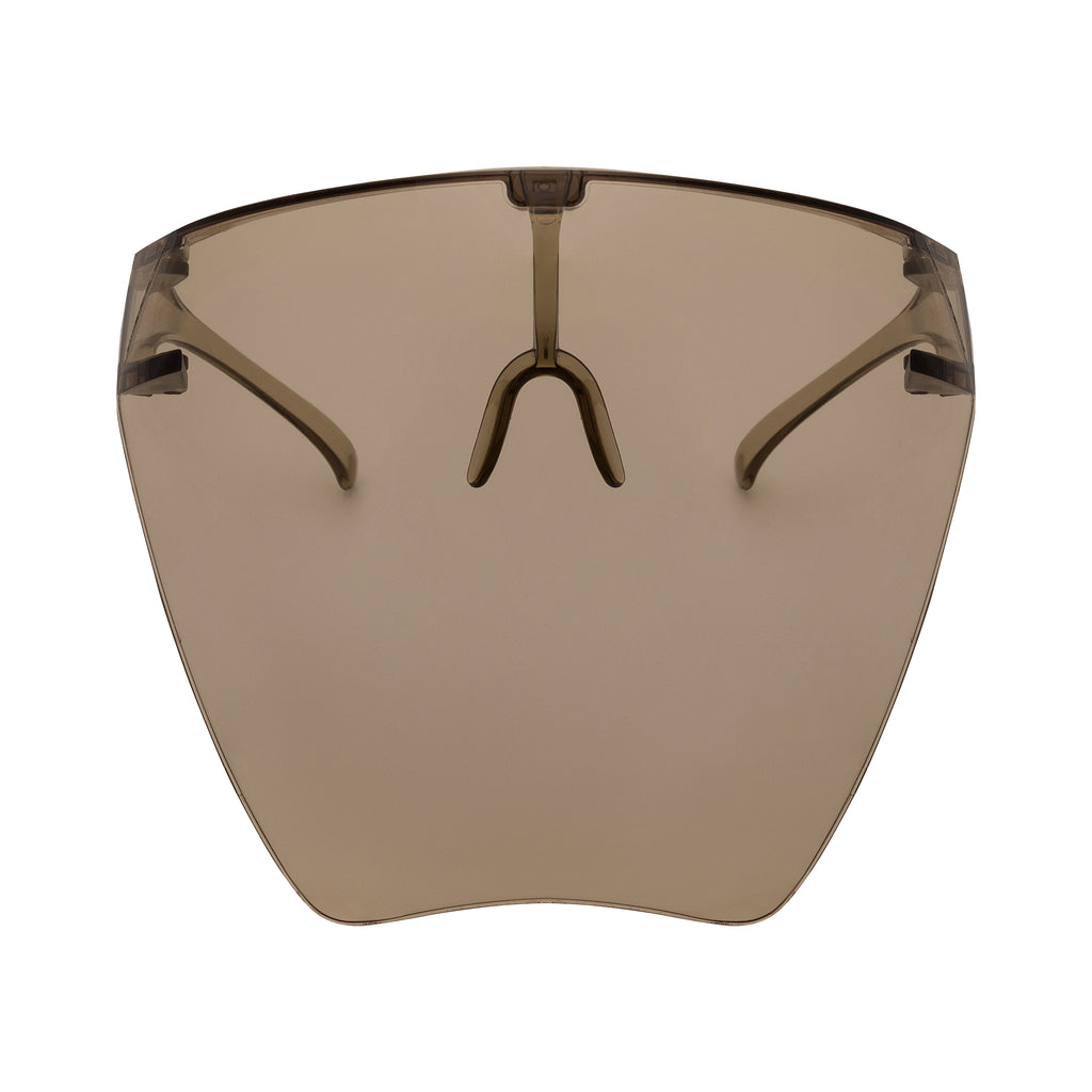 Full face shield protective from UV rays, fog resistant and adjustable. Tea. Front view full.