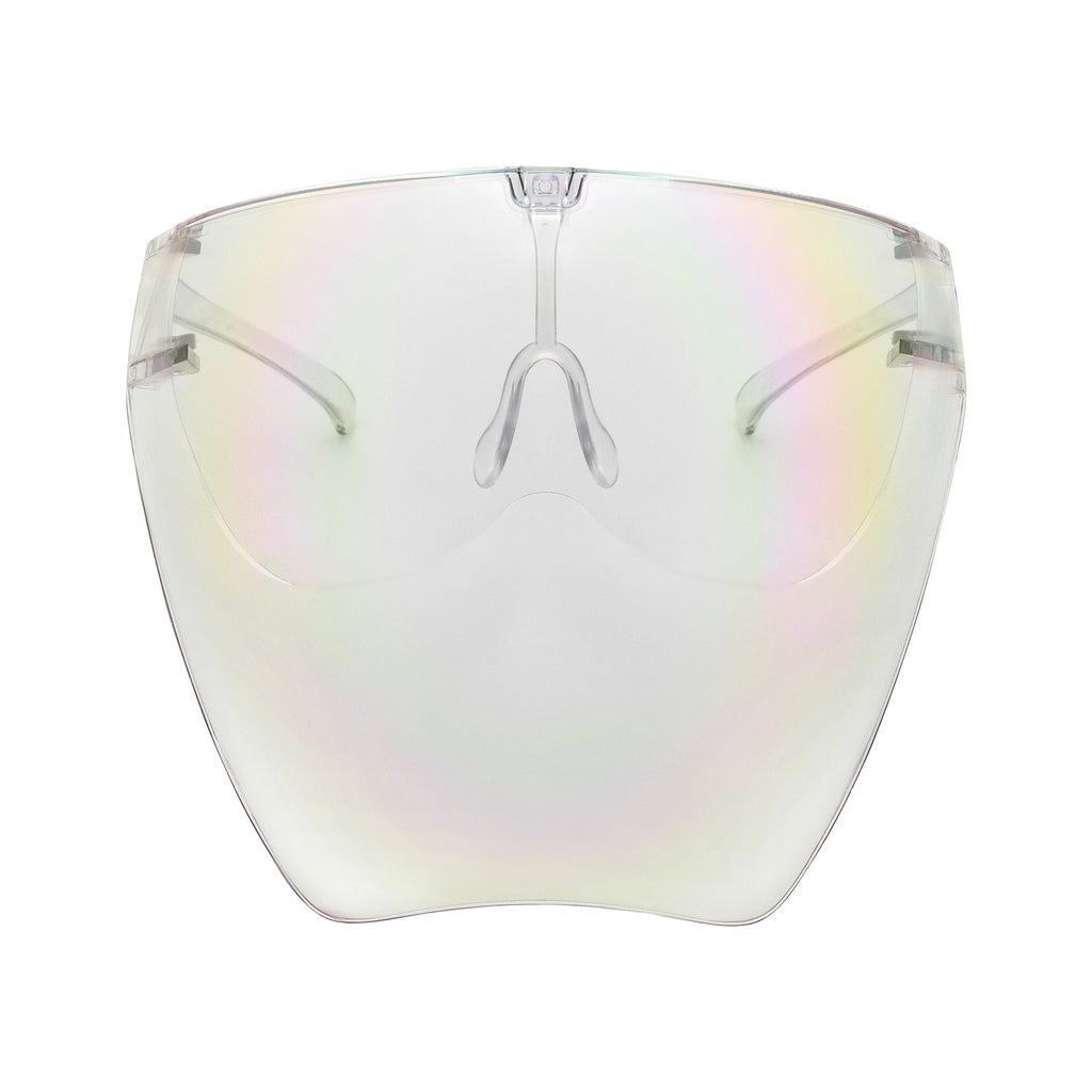 Full face shield protective from UV rays, fog resistant and adjustable. Clear polarized. Front view full.