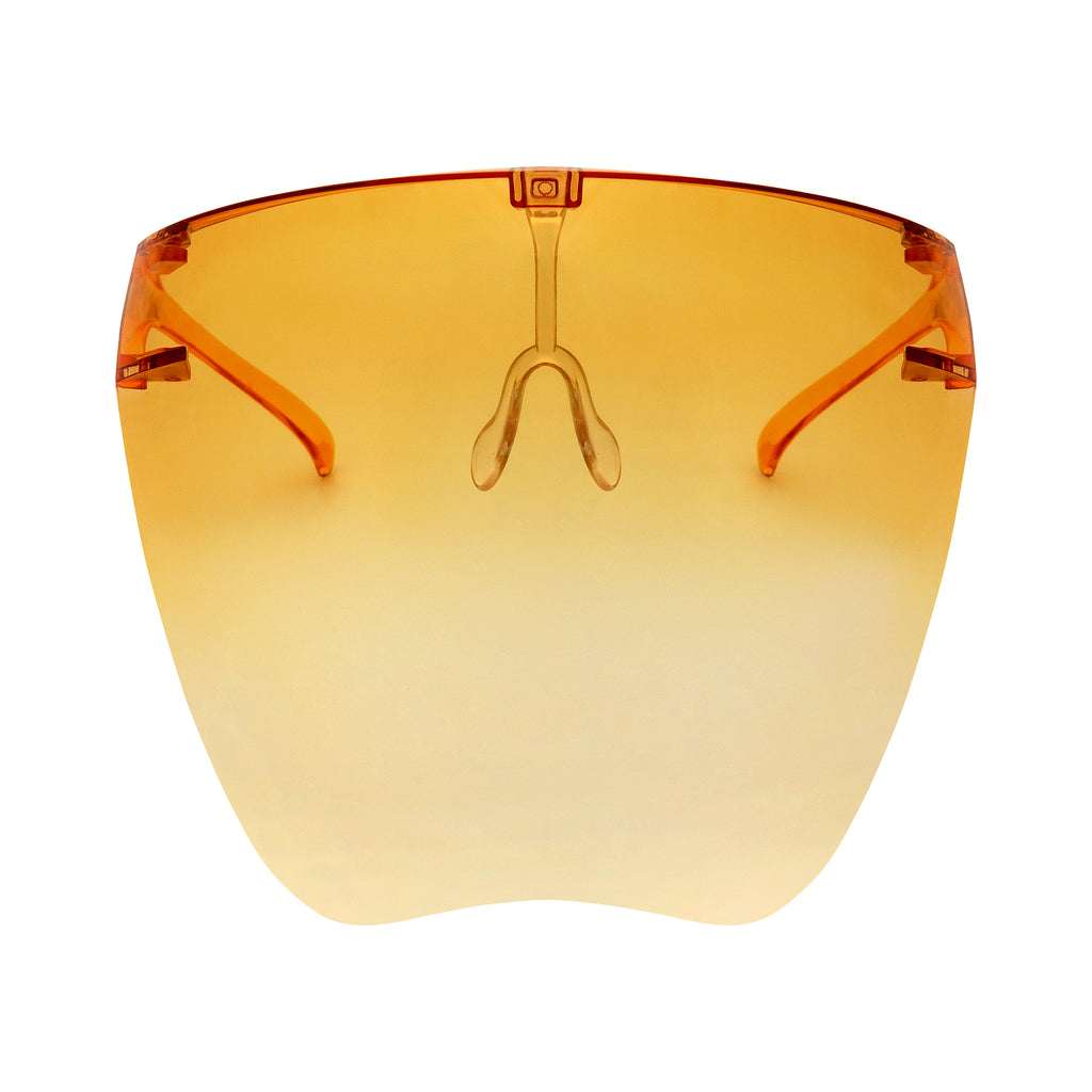 Full face shield protective from UV rays, fog resistant and adjustable. Orange ombre. Front view full.