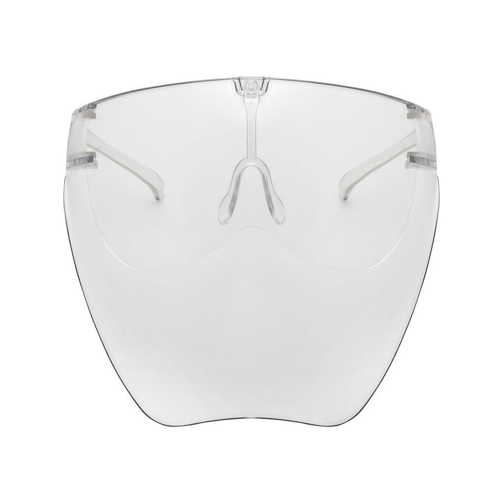 Full face shield protective from UV rays, fog resistant and adjustable. Clear. Front view full.
