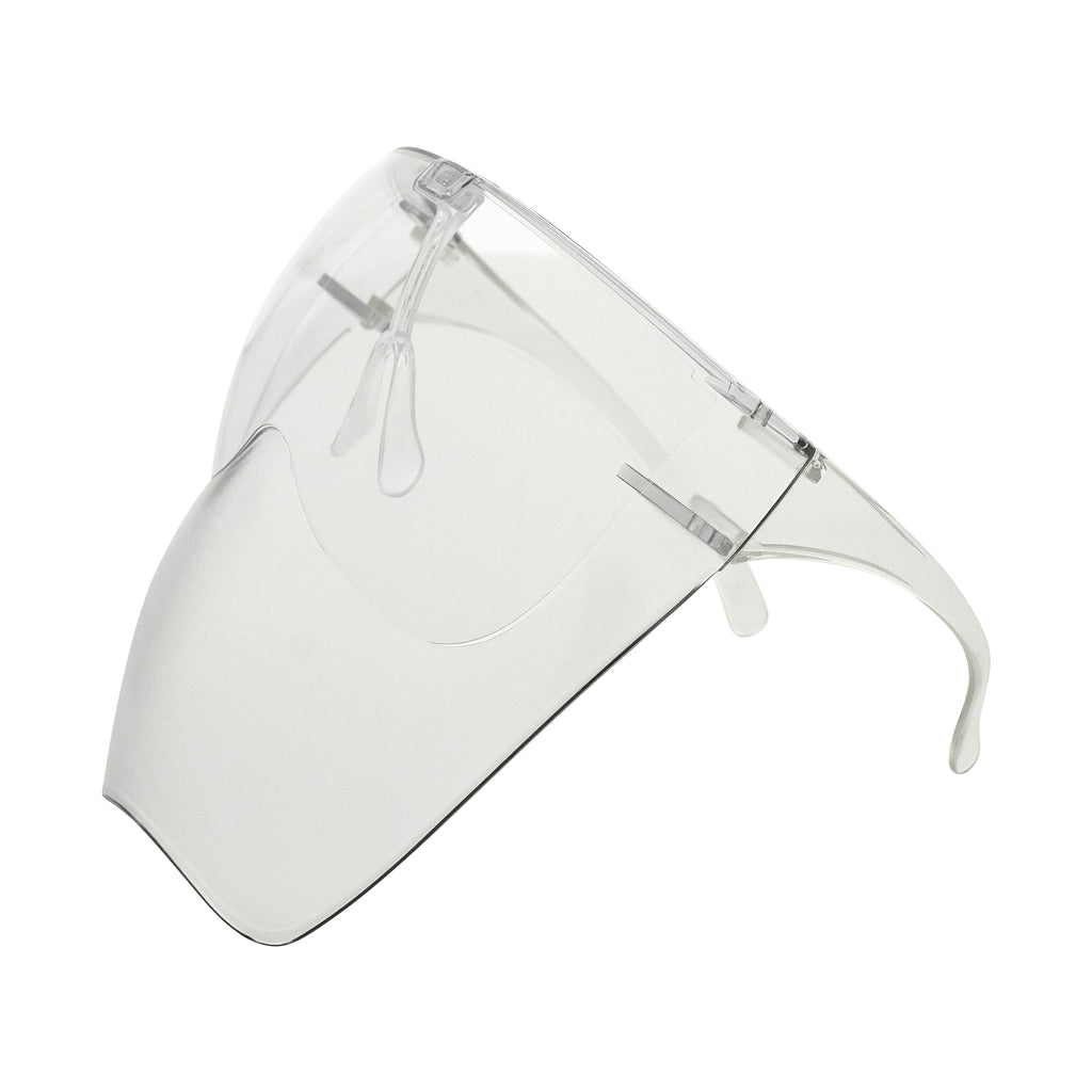 Full face shield protective from UV rays, fog resistant and adjustable. Clear. Side view full.