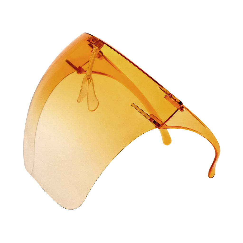 Full face shield protective from UV rays, fog resistant and adjustable. Orange ombre. Side view full.