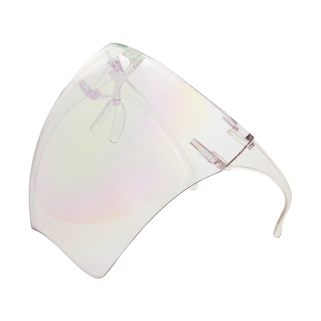 Full face shield protective from UV rays, fog resistant and adjustable. Clear polarized. Side view full.
