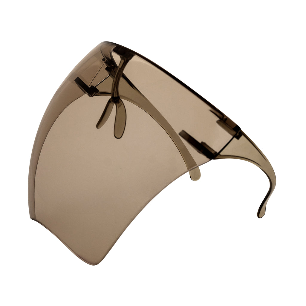 Full face shield protective from UV rays, fog resistant and adjustable. Tea. Side view full.