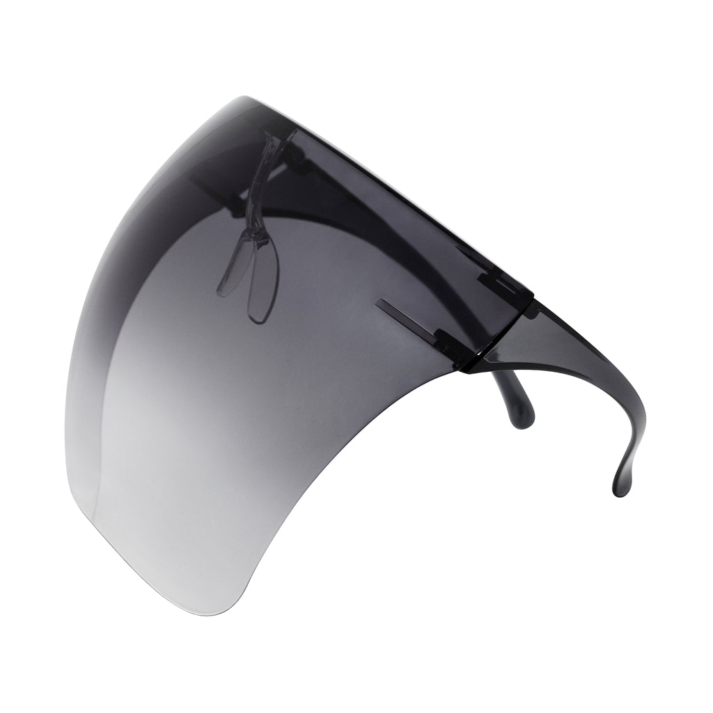 Full face shield protective from UV rays, fog resistant and adjustable. Black ombre. Side view full.