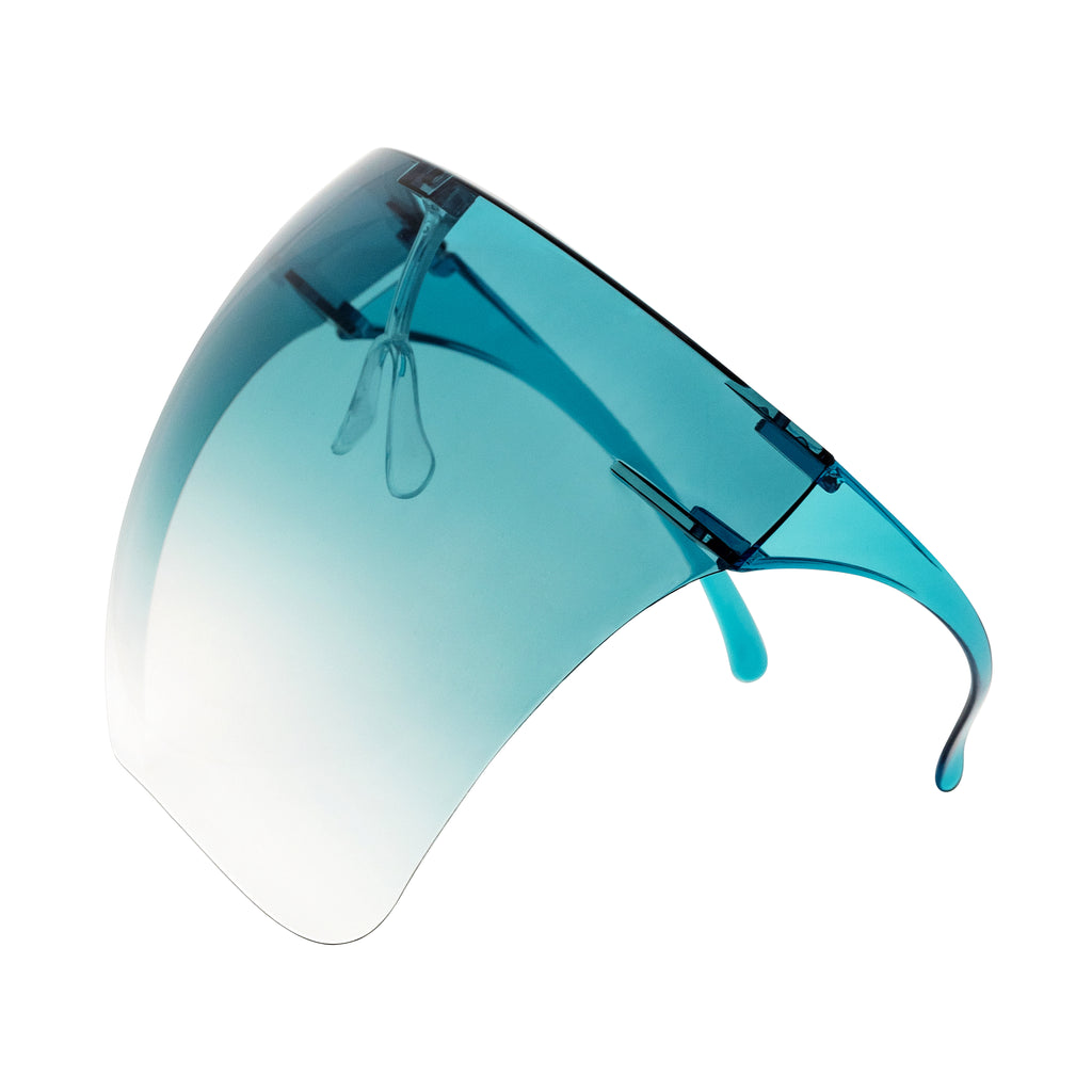 Full face shield protective from UV rays, fog resistant and adjustable. Teal ombre. Side view full.