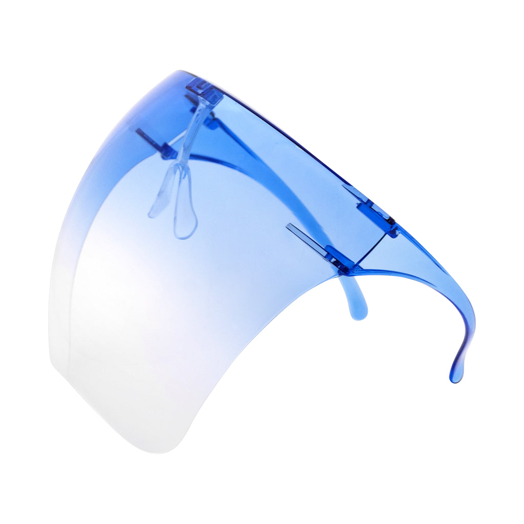 Full face shield protective from UV rays, fog resistant and adjustable. Blue ombre. Side view full.