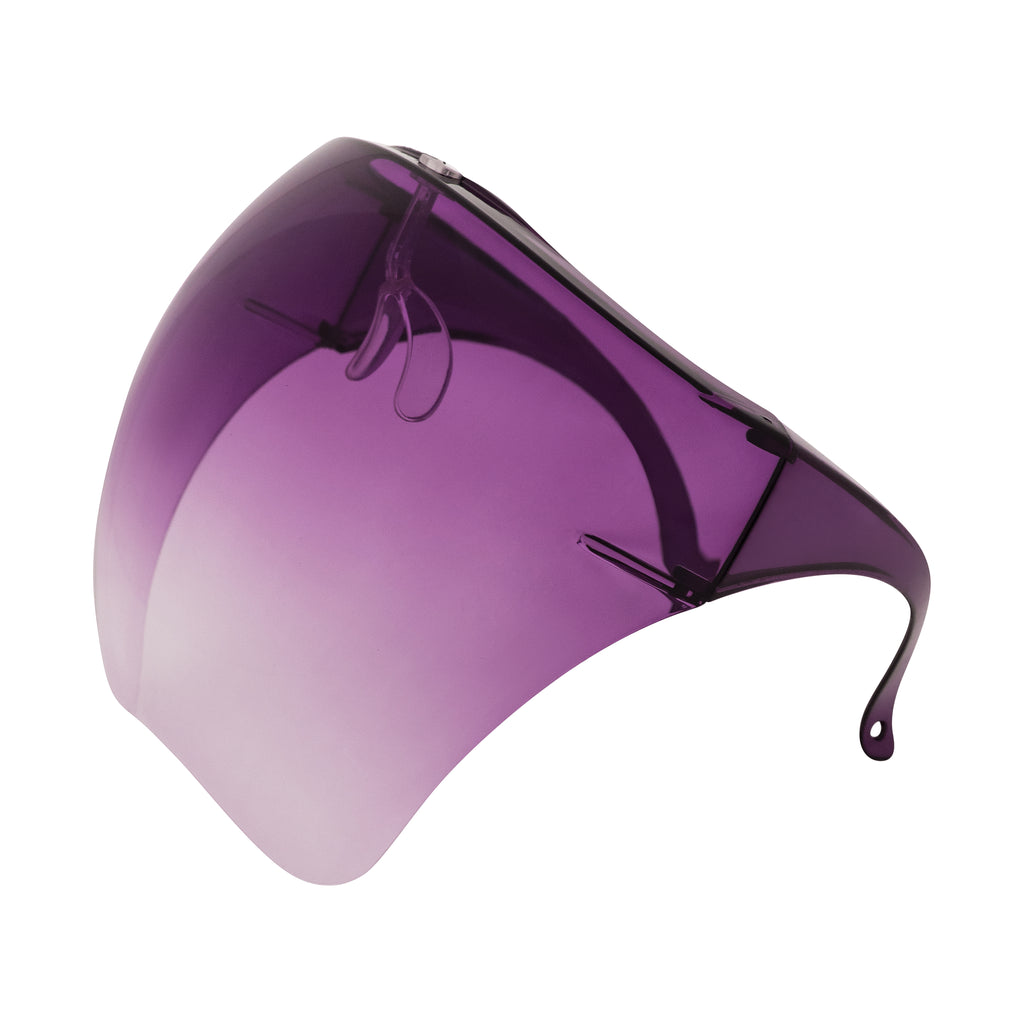 Full face shield protective from UV rays, fog resistant and adjustable. Purple ombre. Side view full.