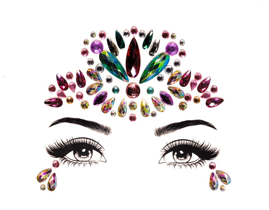 Enchanting multicolor Cancer Face Gem Stickers featuring reflective resin rhinestone and acrylic diamond design. Adjustable fit for ages 12 and up, perfect for adding a celestial touch to festival and carnival attire. Eco-friendly and non-toxic materials ensure safe and creative expression. #carnivalmw #festivalfashion