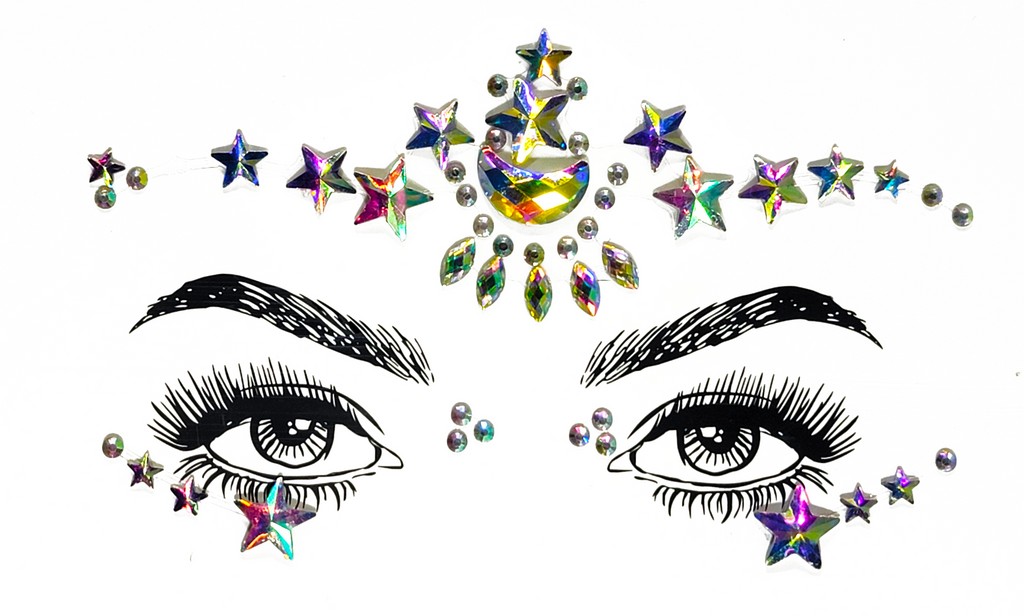 "Captivating multicolor Capricorn Face Gem Stickers featuring reflective resin rhinestone and acrylic diamond design. Adjustable fit for ages 12 and up, perfect for adding a celestial touch to festival and carnival attire. Eco-friendly and non-toxic materials ensure safe and creative expression. #carnivalmw #festivalfashion