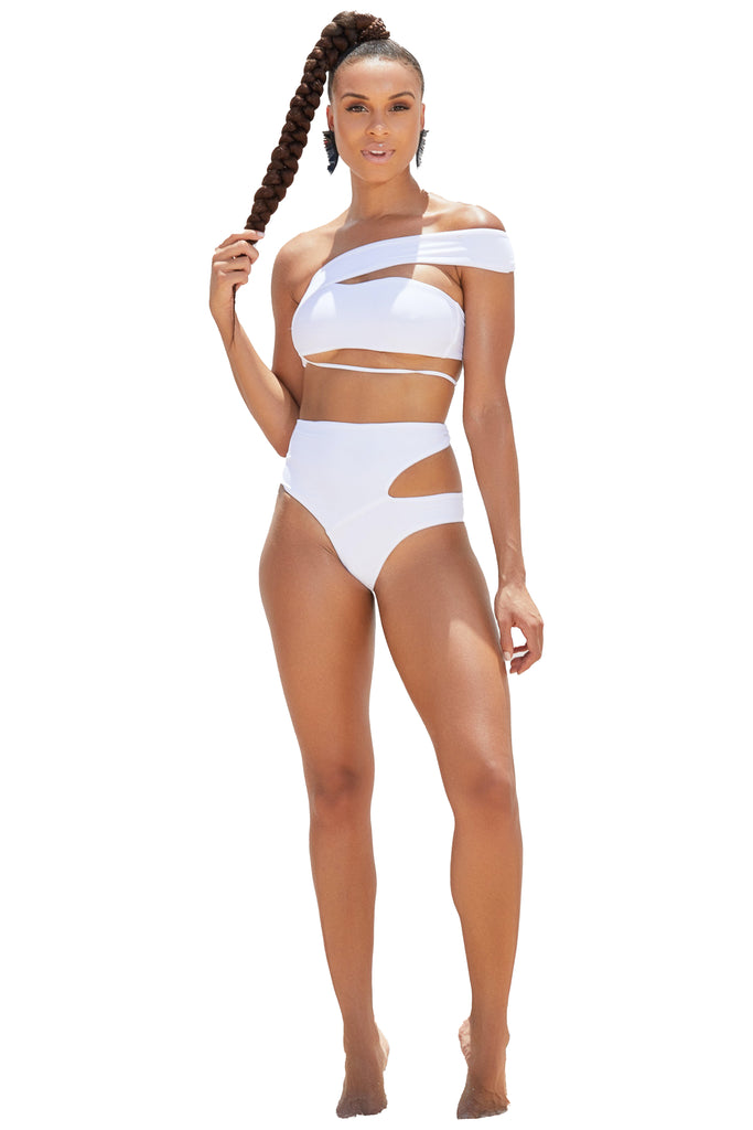Women in Port More Asymmetrical High Waist Bikini Swimsuit.  Designer Keva J. Front view full.