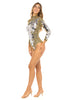 Sexy One-Piece Hand Designed Gold Beaded Mirror Bodysuit. Front Side