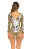 Sexy One-Piece Hand Designed Gold Beaded Mirror Bodysuit. Back