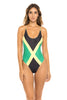 Sexy One-Piece Spaghetti Strap Swimsuit in Pattern and Print of Jamaican Flag.  Close Up