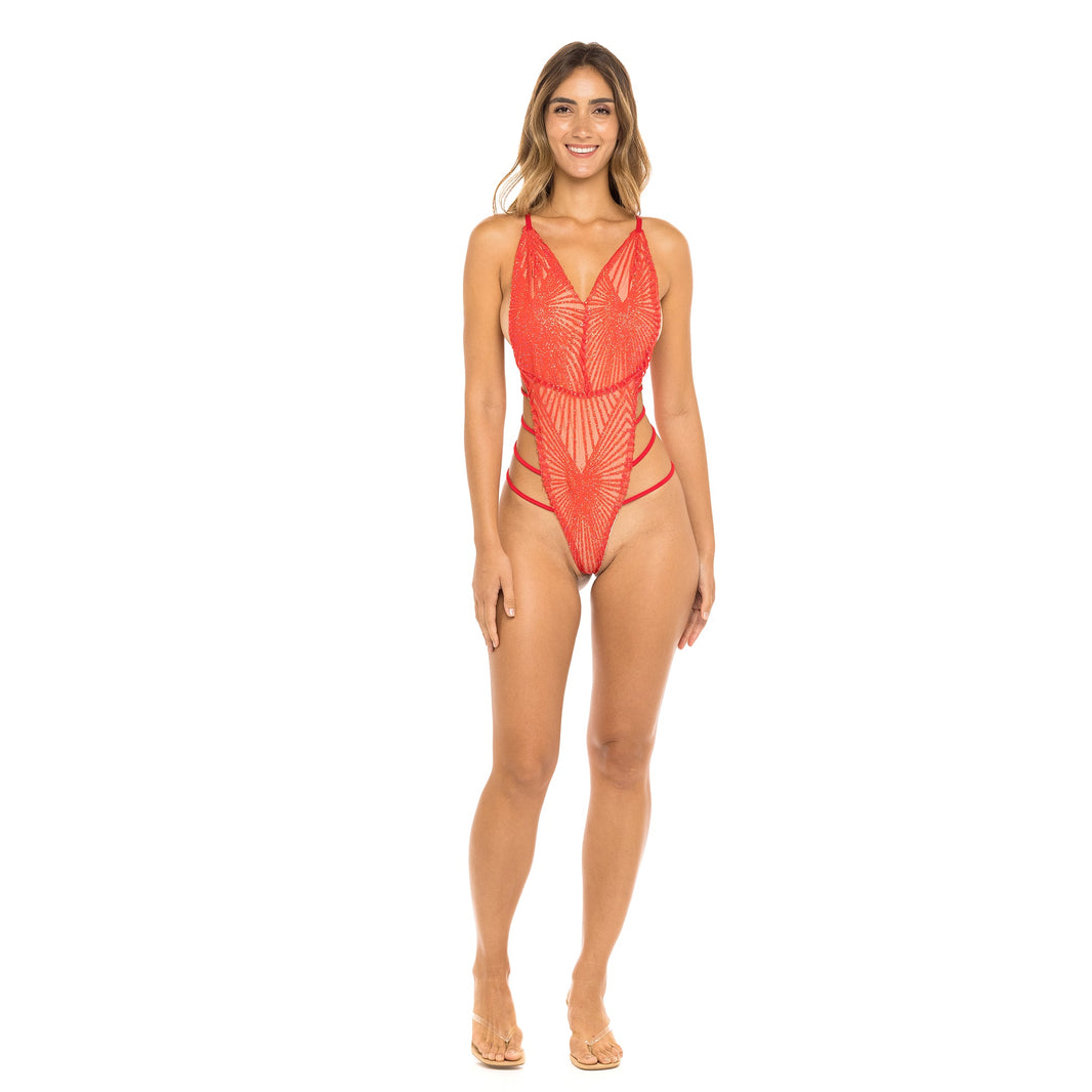Sexy One-Piece Glitter Cut Out Bodysuit.  Front