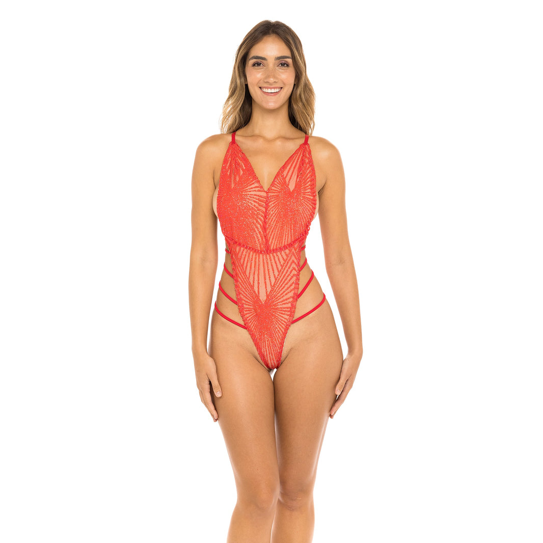 <transcy>BODY ESTRELLA</transcy>-Sexy One-Piece Glitter Cut Out Bodysuit. Close Up