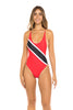 Sexy One-Piece Spaghetti Strap Swimsuit in Pattern and Print of Trinidad and Tobago Flag.  Close Up