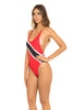 Sexy One-Piece Spaghetti Strap Swimsuit in Pattern and Print of Trinidad and Tobago Flag.  Front Side