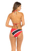 Woman in Trinidad & Tobago Flag Two-Piece Bikini Swimsuit. Back view half.