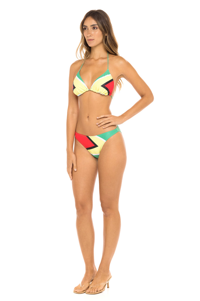 Women in Guyana Flag Two-Piece Bikini Swimsuit. Side view full.