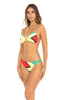Women in Guyana Flag Two-Piece Bikini Swimsuit. Side view half.