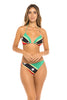 Women in St. Kitts & Nevis Flag Two-Piece Bikini Swimsuit. Front view half.