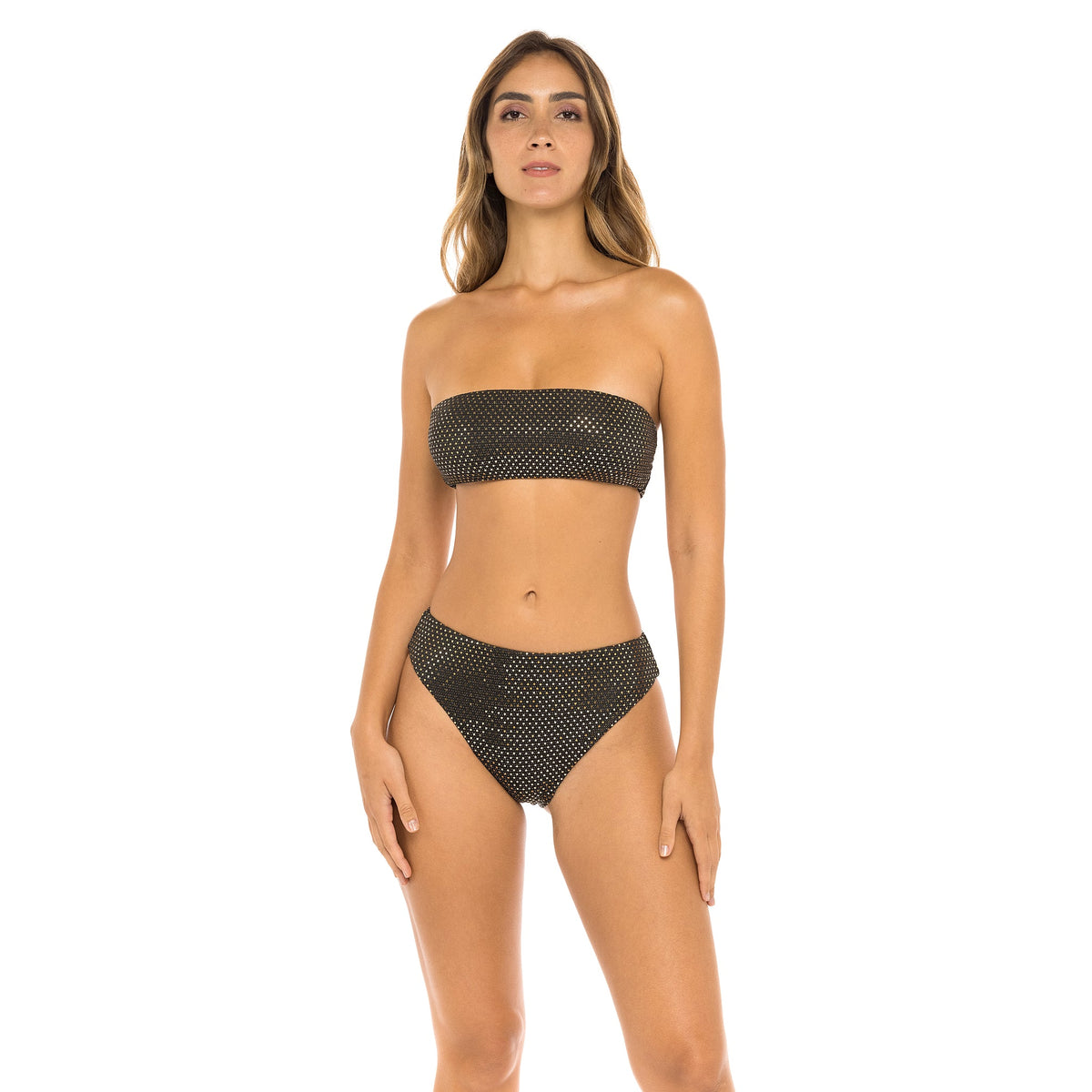 Moon Two-Piece Bandeau Sequin Bikini Mondaywear-Women in Moon Two-Piece Bikini Swimsuit. Front view half.