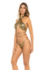 Women in Crocodile X Cross Two-Piece Bikini. Side view half.