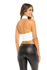 Woman in Crypto Wrap Halter Top. White. Side view back.