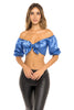 Woman in Satin Bow Tie Crop Top. Front view full.