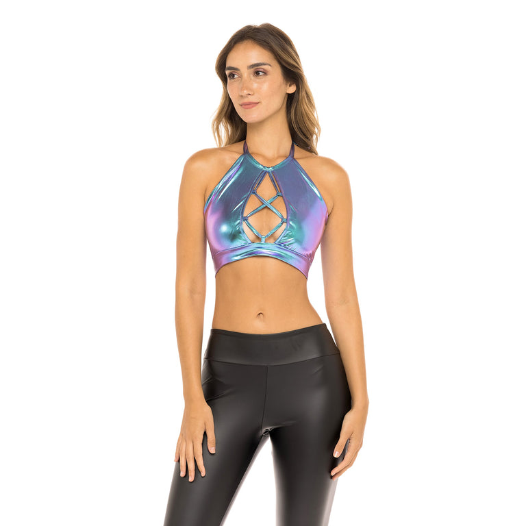 Woman in Shine Holographic Crop Top. Front View half. 