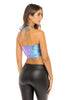 Woman in Shine Holographic Crop Top. Back View half. 